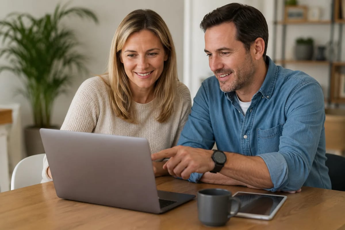 Pareja revisando con tranquilidad los reportes de su programa de subrogación
